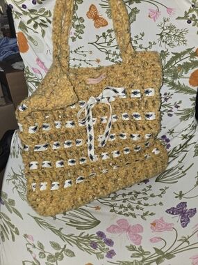 Handcrafted Mustard Yellow Crochet Tote Bag with Bee Trim